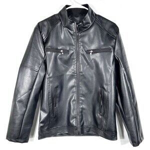 NWOT Men’s Large Black Faux Leather Moto Jacket Mock Neck Collar Zip Up